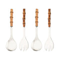 Uniturcky Serving Spoon and Fork Set, 304 Stainless Steel Serving Utensils with Natural Bamboo Handle, 10" Long Handle Serving Set for Kitchen Party Buffet, 4 Pieces / 2 of Each