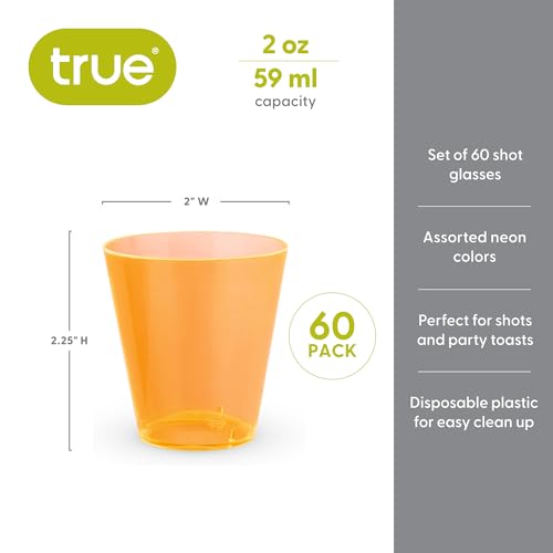 True Neon Multicolor Plastic Party Shot Glasses - Disposable Shot Glasses for Outdoor Drinking - Assorted Colors 2oz Set of 60