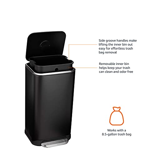 Amazon Basics Rectangular Metal Trash Can With Soft-Close Foot Pedal, Fingerprint Resistant, Removable Inner Bucket, 32 liter/8.5 gallon, Black, 14"L x 14"W x 25.3"H