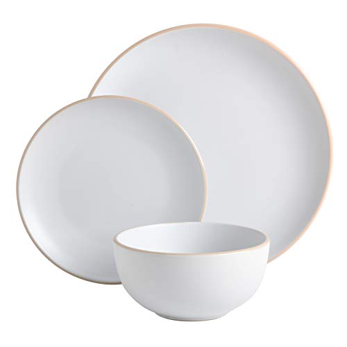 Gibson Home Rockaway 12-Piece Round Stoneware Dinnerware Set, Service for 4 – White Plates and Bowls, Modern Matte Finish, Microwave & Dishwasher Safe