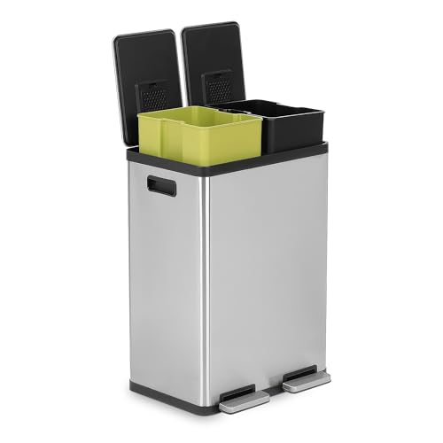 SIMPLI-MAGIC 60 Liter / 16 Gallon Rectangular Hands-Free Dual Compartment Recycling Kitchen Step Trash Can with Soft-Close Lid, Brushed Stainless Steel
