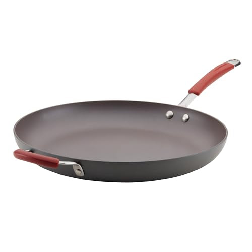 Rachael Ray Cucina Hard-Anodized Nonstick Frying Pan, Gray with Cranberry Red Handles, 14 Inch Pan