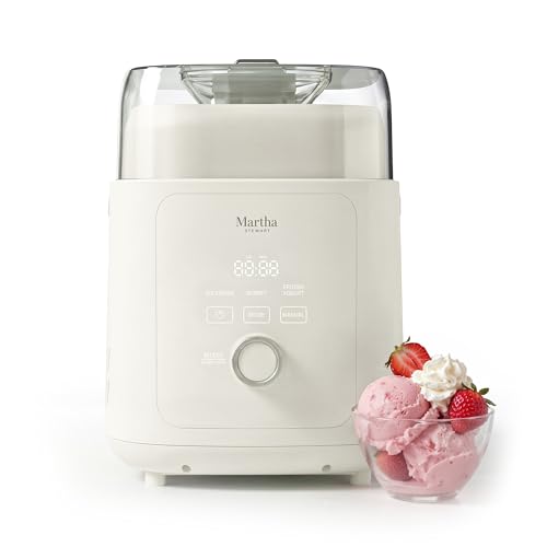 Martha Stewart 1 Quart Ice Cream Maker, Built-In Compressor, No Pre-Freezing Required, 3 Modes (Ice Cream, Sorbet, Frozen Yogurt), Automatic Mix-In Alert, Dishwasher-Safe Parts, Linen Cream