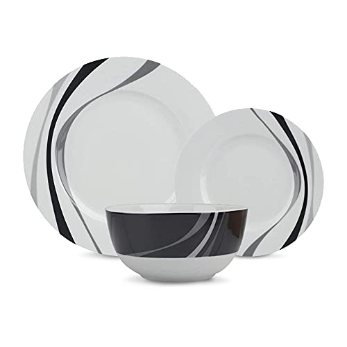 Amazon Basics 18-Piece Complete Kitchen Dinnerware Set, Microwave and Dishwasher Safe, Plates, Dishes, Bowls, Swirl, Heat Resistant, Service for 6, Everyday Use