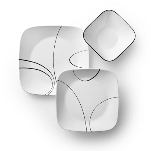 Corelle 18-Piece Service for 6 Dinnerware Set Triple Layer Glass and Chip Resistant, Lightweight Square Plates and Bowls Set, Simple Lines