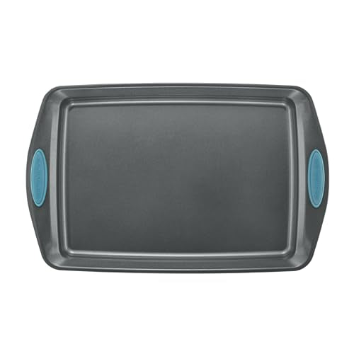 Rachael Ray Nonstick Baking Pans Set, 3-Piece Cookie Pan Bakeware, Gray with Agave Blue Silicone Grips