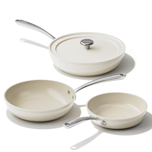 Redchef Ceramic Frying Pans, 4-Piece Non Stick Frying Pans, Non Toxic Skillet with Lid, Ceramic Cookware