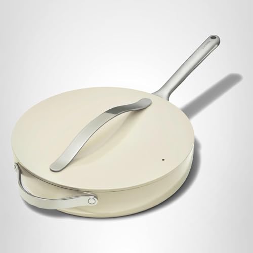 Caraway Nonstick Ceramic Sauté Pan with Lid (4.5 qt, 12") - Non Toxic, PTFE & PFOA Free - Oven Safe & Compatible with All Stovetops (Gas, Electric & Induction) - Cream