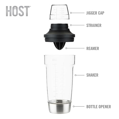 Host All in One Cocktail Shaker Set with Measurements, Reamer, Bottle Opener, Strainer and Jigger for Cold Brew Cocktails, Home Bar, Bartending, Camping, Picnic, Outdoor Party, On the Go, 18 oz
