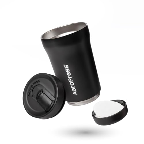AeroPress Stainless Steel Travel Coffee Tumbler - Double-Wall Insulation for Hot or Cold Drinks with a Splash-Resistant Lid and Built-In Filter Storage, Cup Holder Friendly - 16 oz, Black