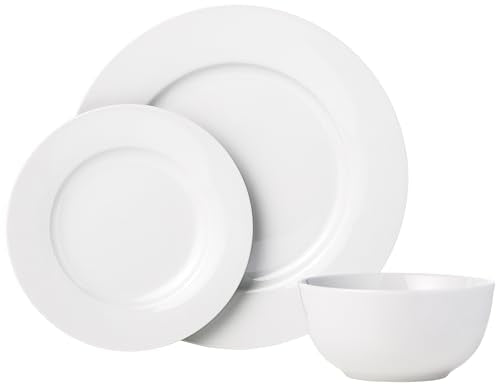 Amazon Basics Porcelain Dinnerware Set, Microwave and Dishwasher Safe, Service for 6, 18-Piece, Plates, Bowls, White