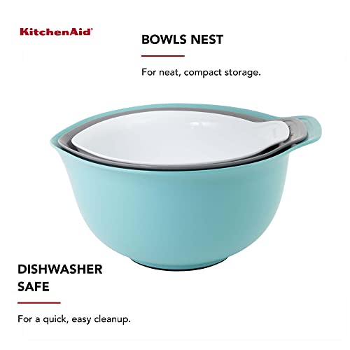 KitchenAid Universal Nesting Plastic Mixing Bowls, Set Of 3, 2.5 quart, 3.5 quart, 4.5 quart, Non Slip Base with Easy Pour Spout to Reduce Mess, Dishwasher Safe, Aqua Sky, White, Gray