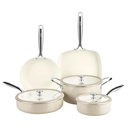 Pyrex 8-Piece Ceramic Cookware Set, Pots and Pans with Lids & Stainless Steel Handles, Healthy Nonstick Ceramic