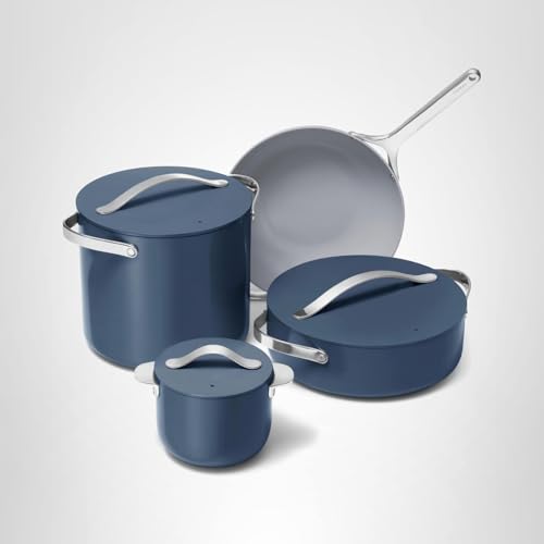 Caraway Cookware+ Collection - Specialty Cookware Set - Petite Cooker, Stir Fry Pan, Rondeau, & Stock Pot - 3 Lids & Storage Organizer Included - Navy