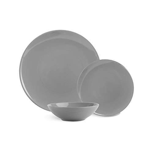 Amazon Basics 18-Piece Stoneware Dinnerware Set, Service for 6, Microwave and Dishwasher Safe, Plates and Bowls for Everyday Use, Smokey Grey