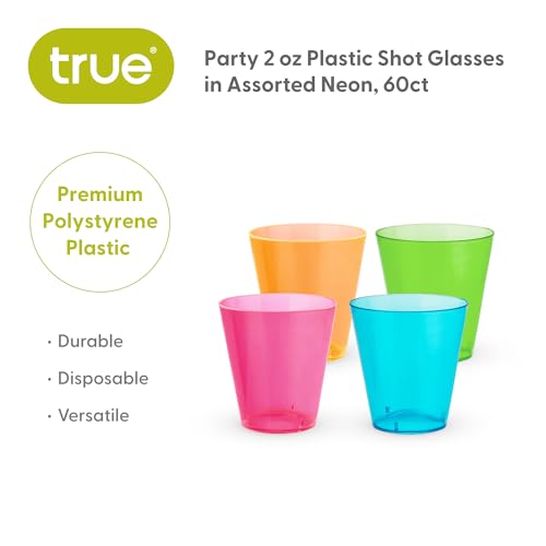 True Neon Multicolor Plastic Party Shot Glasses - Disposable Shot Glasses for Outdoor Drinking - Assorted Colors 2oz Set of 60