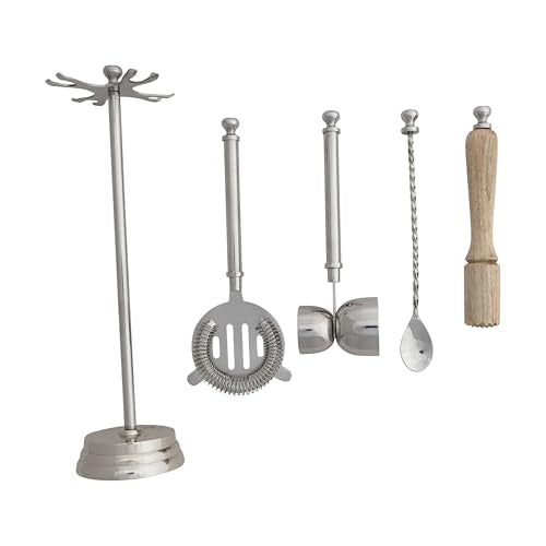 Creative Co-Op 5-Piece Stainless Steel and Mango Wood Bar Tools with Stand, Nickel Finish and Natural