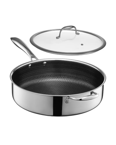 HexClad 5.5 Quart Hybrid Nonstick Deep Sauté Frying Pan with Lid, Dishwasher and Oven-Safe, Induction