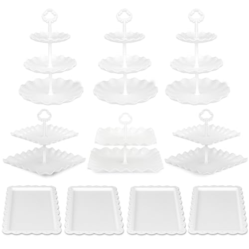 Pack of 11 NWK Cake Stand Set, with 3 x Two-Tier and 3 x Three-Tier Cupcake Stands, 4 x Appetizer Trays, 1 x Tablecloth for Birthday Bridal Baby Shower Party (White)