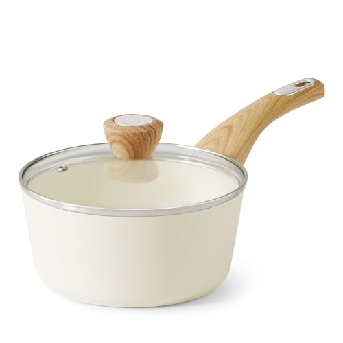 SENSARTE Ceramic Nonstick Sauce Pan with Lid, 1.5 Quart Small Saucepan, White Cooking Pot with Stay Cool