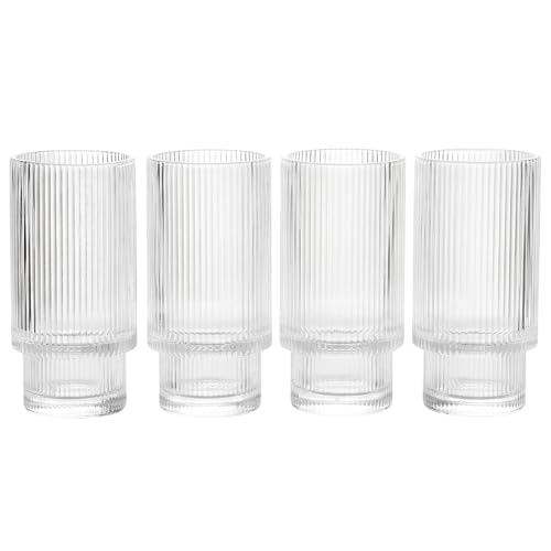 Vintage Art Deco Crystal Highball Ribbed Glass Set of 4 - Ripple, Collins Glassware 14oz Classic Crystal Cocktail Glasses Perfect for Water, Champagne, Beer, Juice, Tom Cocktails - Barware Tumblers