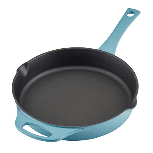 Rachael Ray NITRO Cast Iron Fryin Pan/Skillet with Helper Handle and Pour Spouts, 12 Inch - Agave Blue