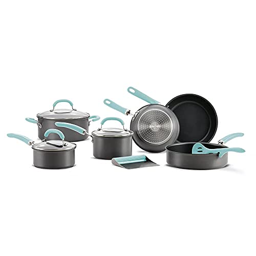 Rachael Ray 11-Piece Hard Anodized Aluminum Cookware Set, Light Blue Handles