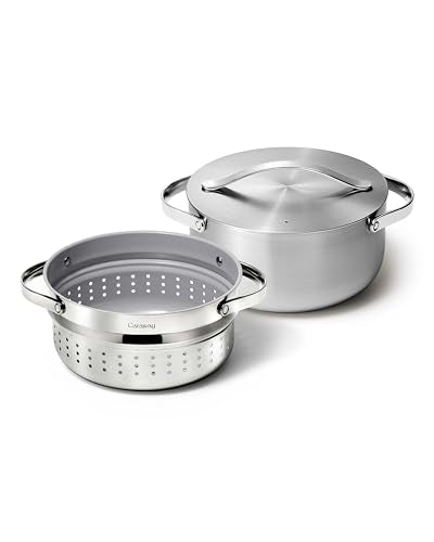 Caraway Stainless Steel Dutch Oven (6.5 Qt) & Steamer, 5-Ply Stainless Steel, Oven Safe & Stovetop Agnostic, Non