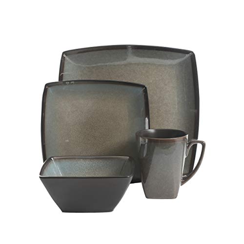 Gibson Elite Tequesta Square Reactive Glaze Stoneware Plates and Bowls Dishes Dinnerware Set, Service for 4 (16pcs), Taupe