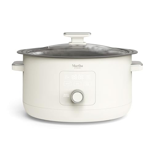 Martha Stewart 8 QT Slow Cooker, Programmable with Timer, 3 Heat Settings (Low, High, Warm), Nonstick Ceramic Removable Crock, Stovetop & Oven Safe, Glass Lid, Simmer, Reheat, Warm, Linen