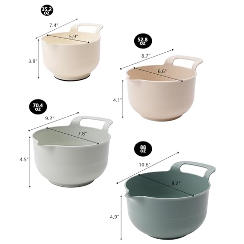 Mixing Bowls - 4 Piece Nesting Plastic Mixing Bowl Set with Pour Spouts and Handles - Non Slip Bottom and Measurement Markings (Light Green)