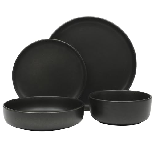 Gibson Elite Pasco 16 Piece (Service for 4) Plates and Bowls Double Bowl Reactive Glaze Dishes Stoneware Ceramic Dinnerware Set - Black