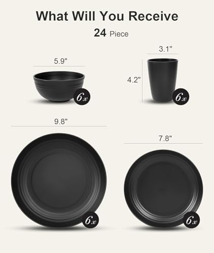 Quatish 24 Piece Plates and Bowls Sets for 6, Unbreakable Dinnerware Sets, Dish Set for Camping, Dishwasher Microwave Safe, Outdoor Kitchen and Apartment Dorm Dinning RV Essentials, Black