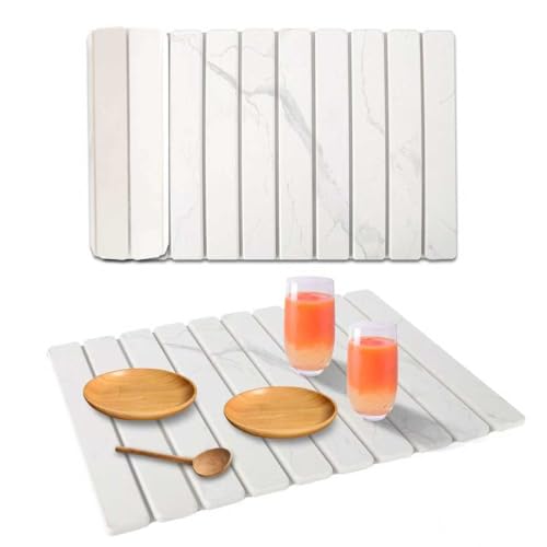 Stone Dish Drying Mat for Kitchen Counter, 24 x 16 Inch(White Marble)