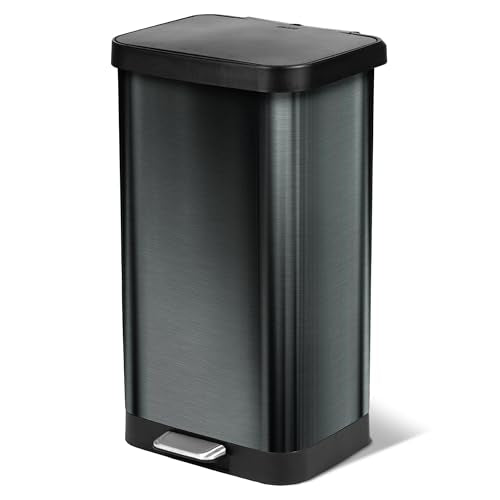 Glad 20 Gallon Stainless Steel Trash Can with Clorox Odor Protection | Large Metal Kitchen Garbage Bin with Soft Close Lid, Garbage Bag Rings, Step On Foot Pedal and Waste Bag Roll Holder, Pewter