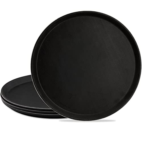 TOPZEA 4 Pack 14 Inch Round Restaurant Serving Tray, Fiberglass Non-Slip Rubber Lined Black Server Trays Commercial Grade Bar Service Tray for Restaurant, Kitchen, Cafeteria, Catering, Easy Clean