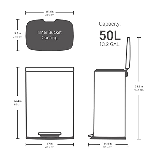 QUALIAZERO 50L / 13 Gallon Stainless Steel Step-On Kitchen Trash Can Soft-Close Lid, Fingerprint-Resistant, Removable Liner, Slim Rectangle Modern Design for Home, Office, Commercial