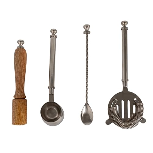 Creative Co-Op 5-Piece Stainless Steel and Mango Wood Bar Tools with Stand, Nickel Finish and Natural