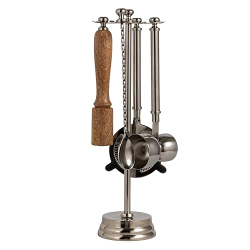 Creative Co-Op 5-Piece Stainless Steel and Mango Wood Bar Tools with Stand, Nickel Finish and Natural