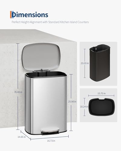 GarveeHome Stainless Steel Kitchen Trash Can, 13 Gal / 50 L Step-On Garbage Bin with Soft Close Lid, Large Rustproof Metal Trash Can for Kitchen, Silver