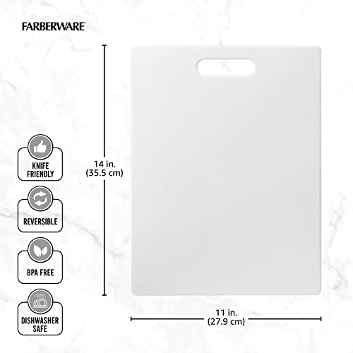 FARBERWARE Large Cutting Board, Dishwasher- Safe Plastic Chopping Board for Kitchen with Easy Grip Handle, 11in by 14in, White