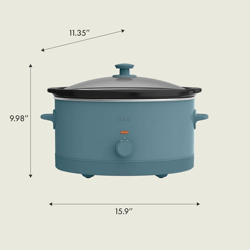 bella 6.0 Qt Manual Slow Cooker, Ceramic Nonstick Coating, 3 Temperature Settings, Dishwasher Safe Stoneware Pot and Tempered Glass Lid, Cool Touch Handles & Tangle Free Cord Wrap, Surf