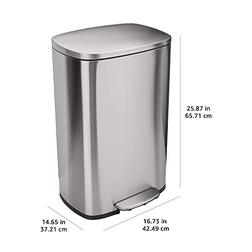 Amazon Basics LARGE Trash Can, 13.2 Gallon (50L), Smudge Resistant Rectangular Bin with Soft-Close Lid, Step Foot Pedal, Removable Inner Bucket, Brushed Stainless Steel, Satin Nickel Finish