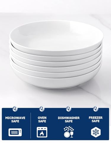 Y YHY Pasta Bowls, 30oz Salad Bowls White Soup Bowls Large Pasta Serving Bowl Porcelain Pasta Plates Wide and Shallow Bowls Set of 6 Microwave Dishwasher Safe Valentines Day Gift