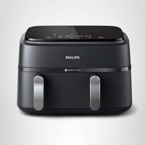 Philips Dual Basket Air Fryer 3000 Series — 8-in-1 functions, 9.5 Quarts Airfryer, 2 Drawers, Auto-sync Cooking Time, 90% Less Fat, Rapid Air Technology, HomeID App, Dishwasher Safe, Black (NA351/00)