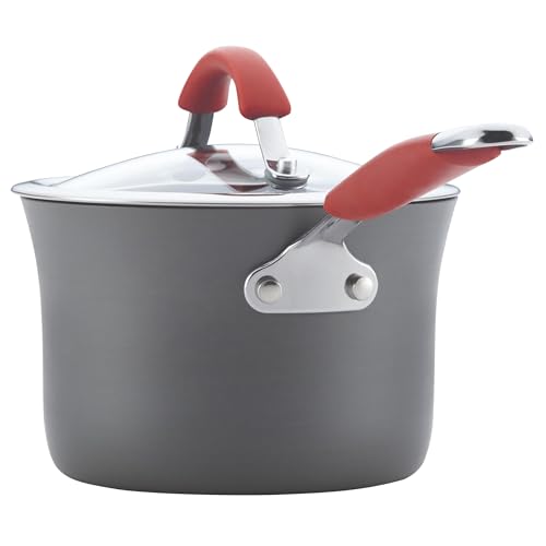 Rachael Ray Cucina Dishwasher-Safe Hard-Anodized Pots and Pans Set Non Stick Cookware, 12-Piece, Gray with Red Handles