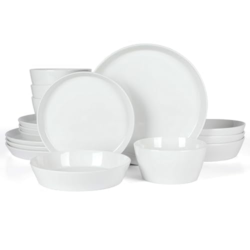 Martha Stewart Selma Chip & Scratch Resistant Dinnerware Set Service for 4 (16pcs) – White Plates and Bowls, Durable Dishwasher and Microwave Safe Dishes Set for Everyday Use