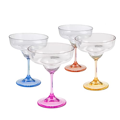 Lily's Home Unbreakable Margarita Glasses with Colored Stems, Set of 4, 10oz Reusable Plastic Stemware, Shatterproof Party Cups for Outdoor Patio, Pool, and Picnic