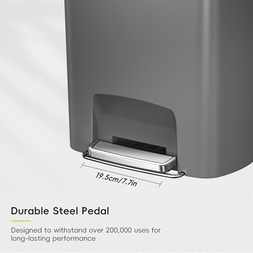 EKO Hana Select 13.2 Gallon / 50L Step Trash Can, Large Plastic Kitchen Trash Can with Stainless Steel Lid, Soft-Close & Stay-Open, Deodorizer Compartment, Wide Steel Pedal Garbage Can for Home, Grey