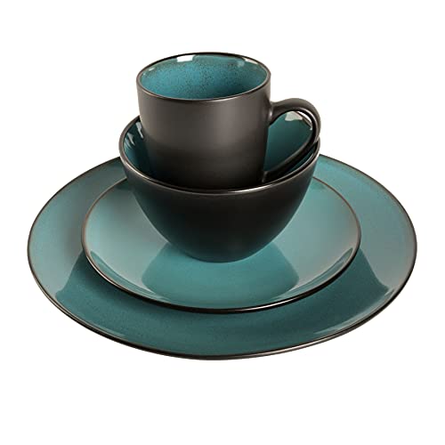 Gibson Elite Soho Lounge 16-Piece Round Reactive Glaze Stoneware Dinnerware Set, Service for 4 – Teal Plates and Bowls